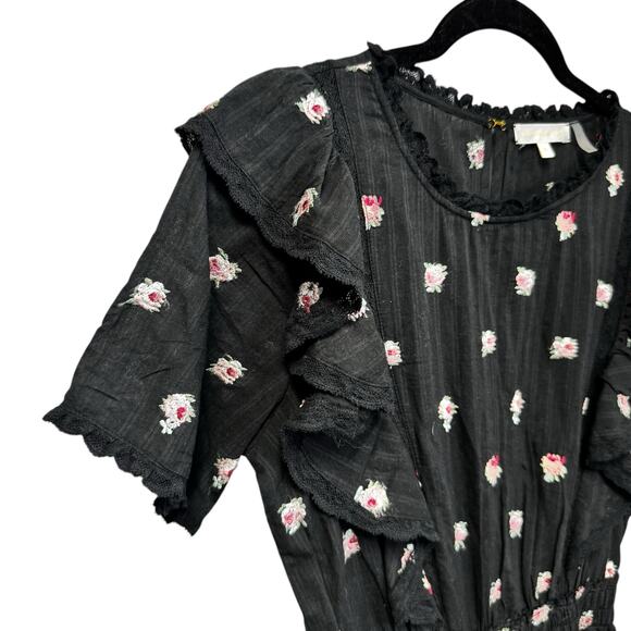 LoveShackFancy Short Sleeve Ruffle Mini Natasha Dress Black Combo Floral Size XS - Picture 3 of 7